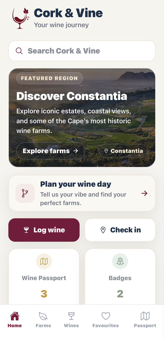 Discover screen in the Cork & Vine mobile app