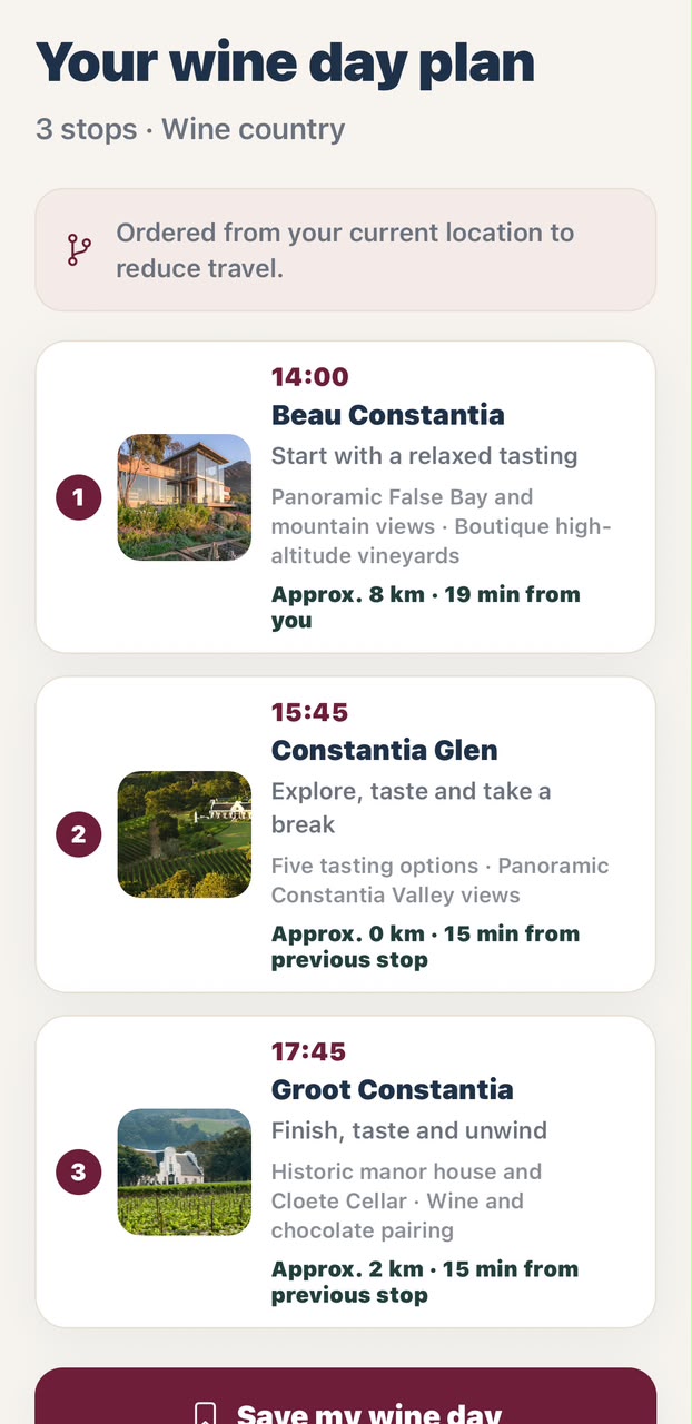 Plan My Day screen in the Cork & Vine mobile app