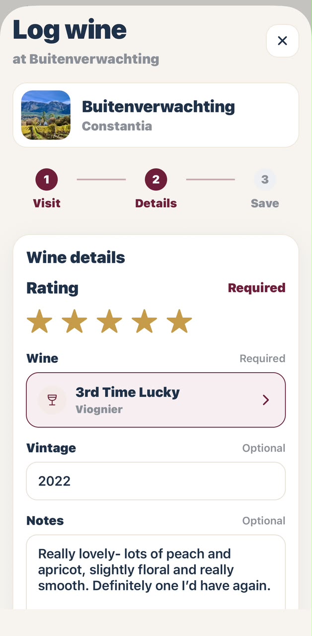 Taste & remember screen in the Cork & Vine mobile app